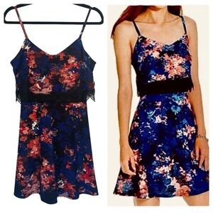 Material Girl Floral Print Spaghetti Strap Mesh & Lace Mini Dress Medium